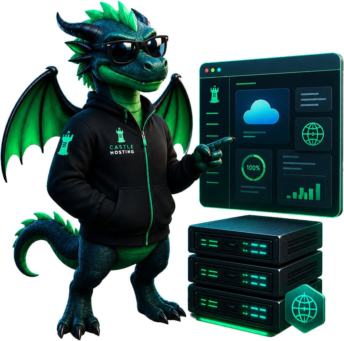 Mascote da Castle Hosting apresentando painel VPS