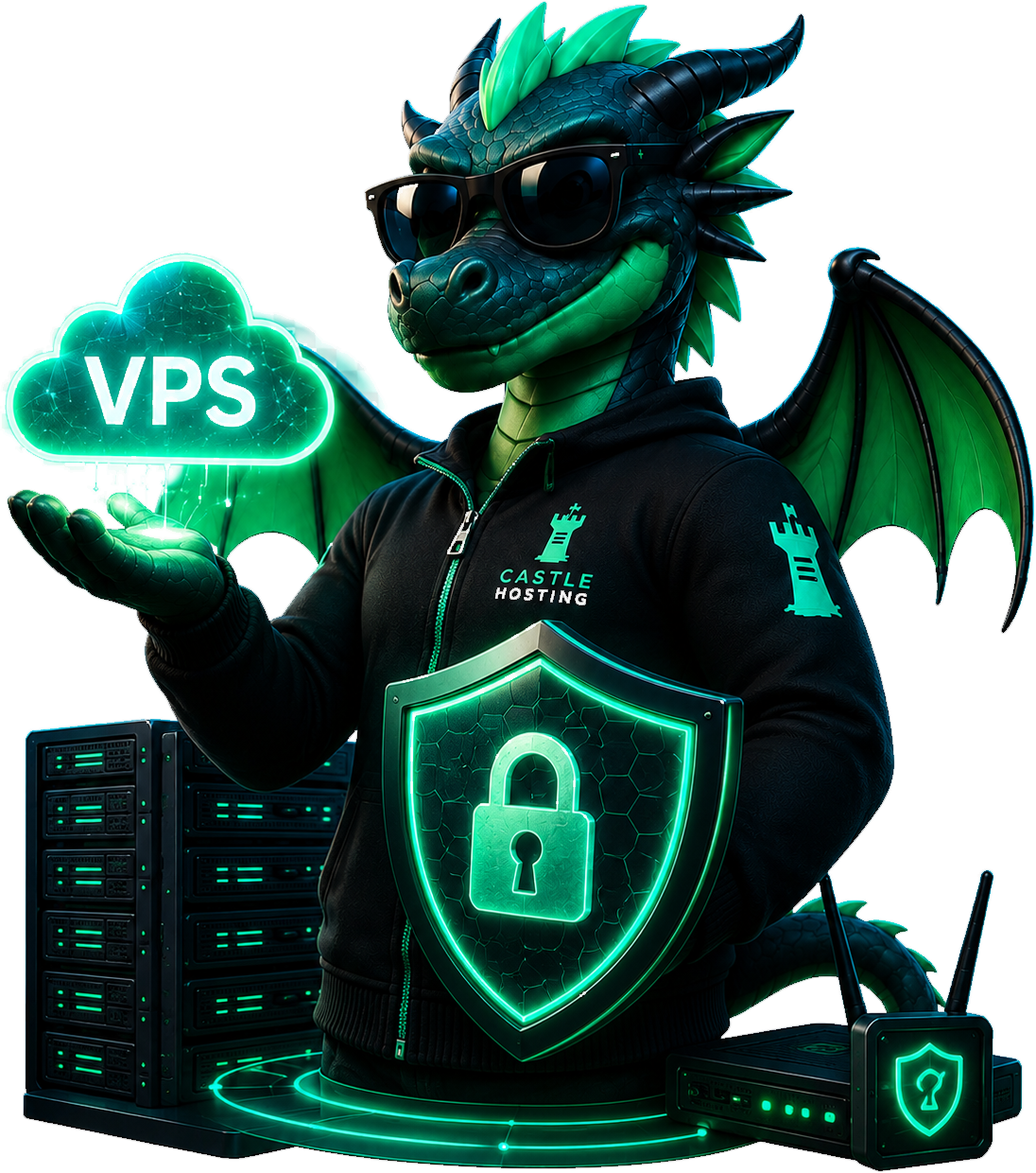 Mascote da Castle Hosting protegendo uma infraestrutura de servidores