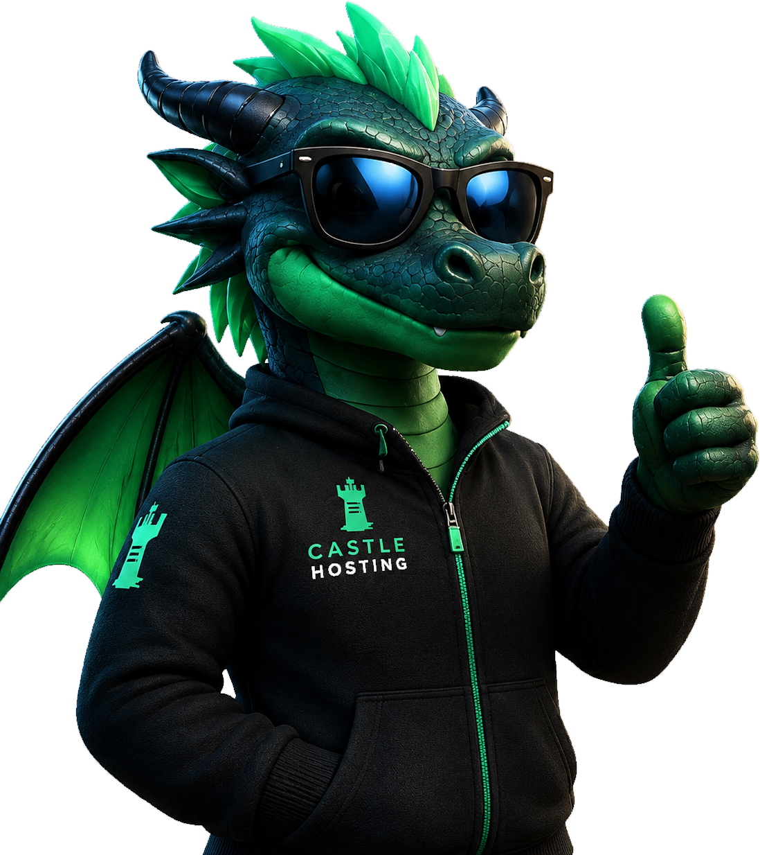 Mascote Castle Hosting fazendo sinal positivo