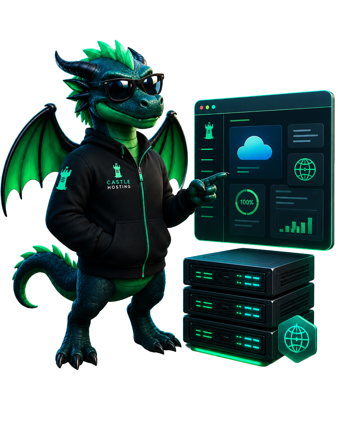 Mascote Castle Hosting com infraestrutura de hospedagem