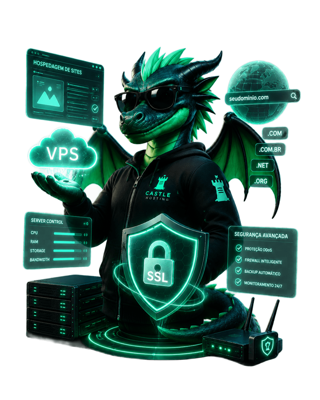 Mascote Drakonis representando hospedagem, VPS, domínio, SSL e segurança CastleHosting