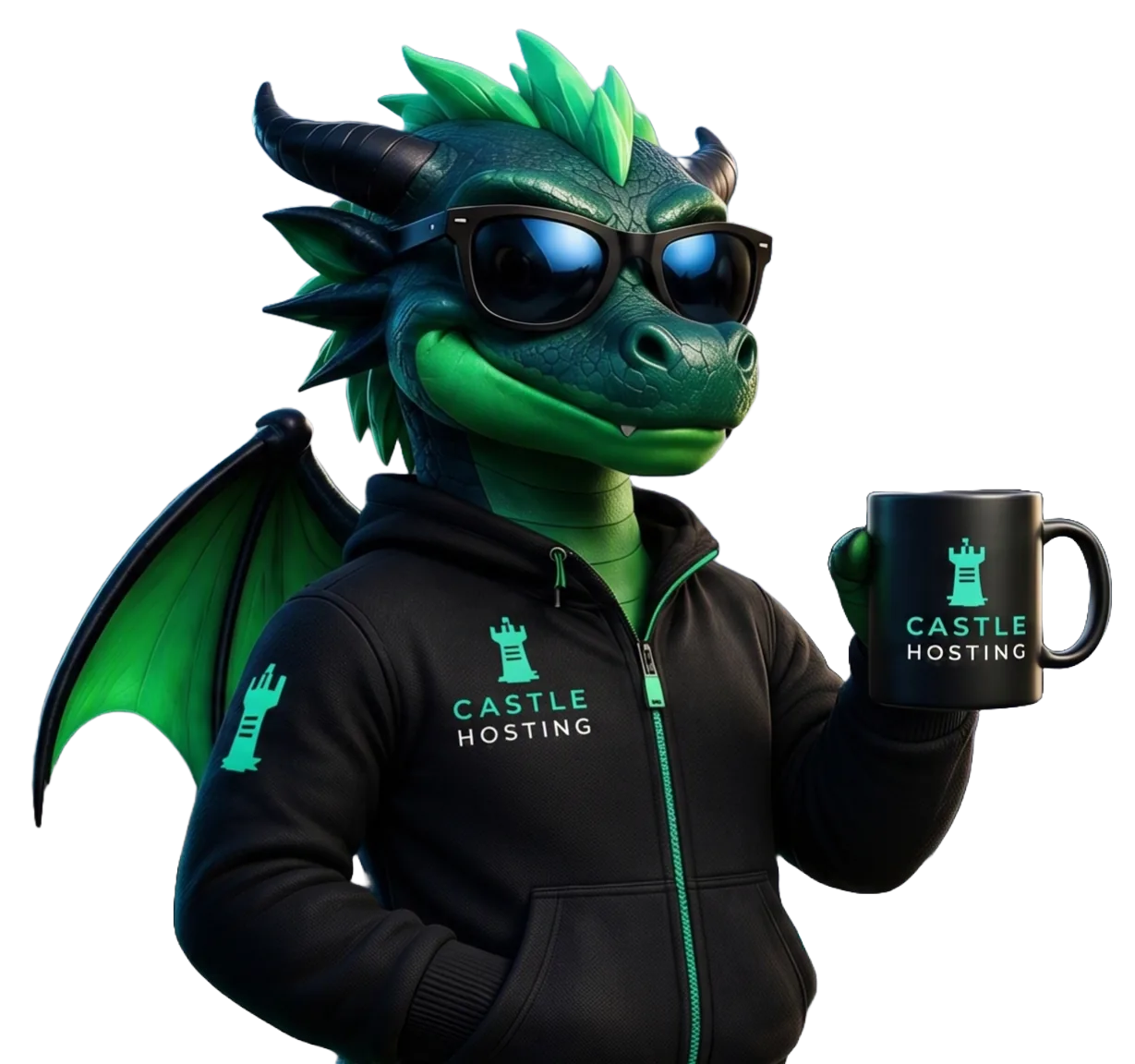Drakonis segurando uma caneca CastleHosting